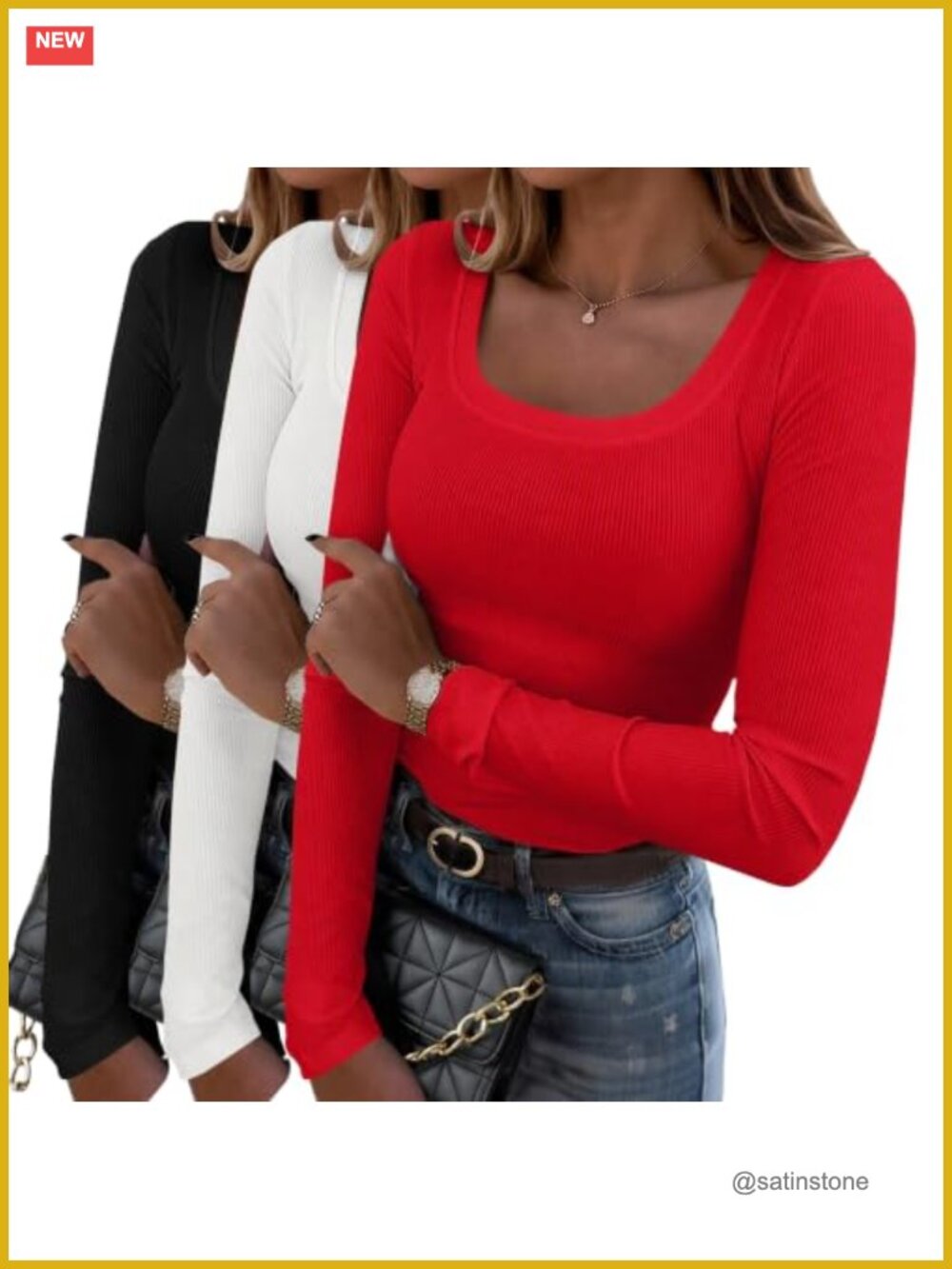 Rib Knit Long Sleeve Scoop Neck Slim Fit T-Shirt